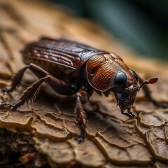 Poster - AI generated illustration of a macro of an insect perched on a wooden log