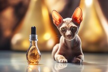 AI Generated Illustration Of A Cute Sphynx Cat Beside Bottle Of Essential Oil On Reflective Surface