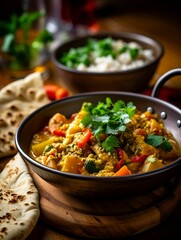 Poster - AI generated illustration of two bowls of nutritious vegetable and rice dishes on a wooden table