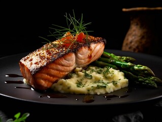 Wall Mural - AI generated illustration of a delicous grilled fish served with boiled potatoes and asparagus