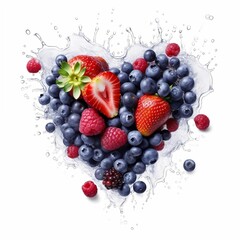 Canvas Print - AI generated illustration of a heart shape of fresh blueberries and strawberries into water splash