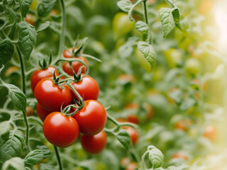 Wall Mural - Ripe tomatoes on green branch. Home grown tomato vegetables growing on vine in greenhouse. Autumn vegetable harvest on organic farm.