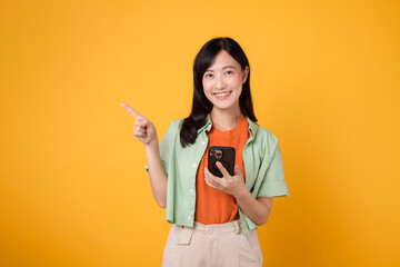 Portrait beautiful young asian woman happy smile dressed in orange shirt showing smartphone with pointing finger hand gesture to free space isolated on yellow studio background. app smartphone concept