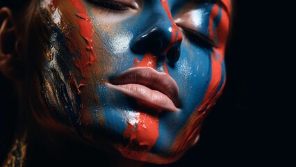 Sticker - AI generated model with blue and red acrylic paint on the face