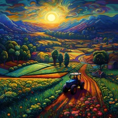 Canvas Print - AI generated illustration of a tractor parked in a lush green field, with a bright yellow sun