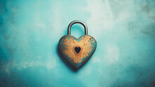 Heart Shaped Old Padlock On Blue Background With Copy Space