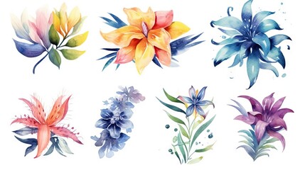 Poster - AI generated illustration of a vibrant watercolor painting featuring a set of different flowers