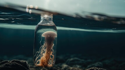 Wall Mural - AI generated illustration of a clear glass bottle with a small jellyfish underwater