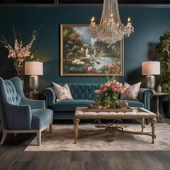 Canvas Print - AI generated illustration of a cozy and modern living room featuring blue furniture and wall art