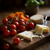 Fototapeta Miasto - AI generated illustration of a cutting board with a selection of ripe cherry tomatoes and cheese