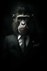 Canvas Print - AI generated illustration of a monkey wearing a stylish suit and tie with a blurry background