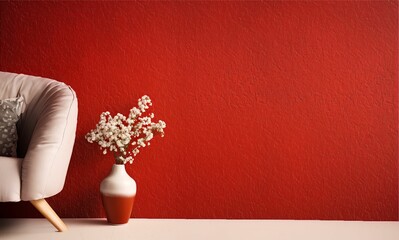 Wall Mural - AI generated illustration of A white ceramic vase filled with white flowers against a red wall