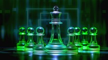 Illuminated Chessboard With Green Chess Pieces Arranged On Its Surface. AI-generated.