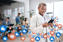 Social Media, Icon And Woman Use Phone In An Office Texting Or Networking As Communication With Overlay Of Like Emoji. Digital, Chat And Employee Or Worker Texting On A Mobile App, Website Or Web