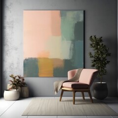 Canvas Print - a painting hangs in a living room with a chair, potted plants and a