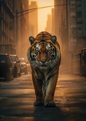 Canvas Print - AI generated illustration of a majestic tiger walking across an urban sidewalk in the daylight