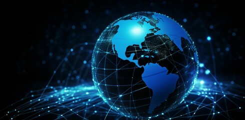 Wall Mural - ai generated earth with blue continents and lines against a dark background