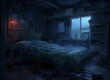 AI generated illustration of a dark desolated bedroom interior