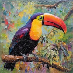 Sticker - AI generated illustration of an oil painting of a toucan bird in front of vibrant foliage