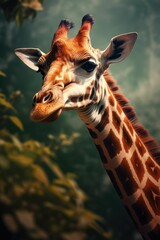 Poster - AI generated illustration of A close-up of a giraffe standing near a cluster of trees