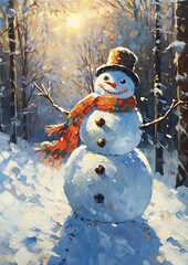 Sticker - AI generated illustration of an oil painting of a snowman in a wintery landscape