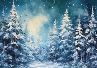 Canvas Print - AI generated illustration of a painting of a winter landscape, with snow-covered pine trees