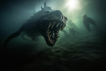 AI Generated Illustration Of An Underwater Shot Of A Dinosaur With Its Mouth Open