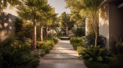 Sticker - Wooden walkway leading to a lush outdoor space, with various potted plants, AI-generated.