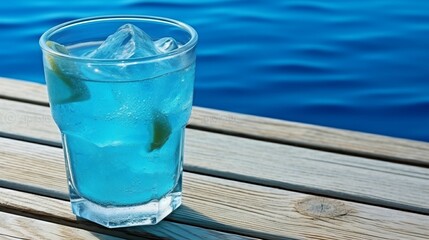 Poster - AI generated illustration of a glass of blue cocktail with ice cubes on a wooden table