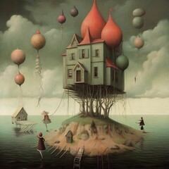 Sticker - AI generated illustration of a surrealistic painting with a lone house on a small island