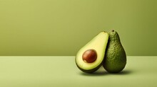 AI Generated Illustration Of A Half Of A Ripe Avocado Atop A Solid Green Background - Copy Space