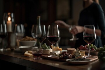 Poster - AI generated illustration of a wooden table with wine glasses and a selection of food items