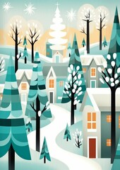 Sticker - AI generated illustration of a snowy village with urban buildings and forest trees