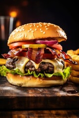 Wall Mural - Delicious bacon cheeseburger with a side of crispy fries on a rustic wooden plate, AI-generated.