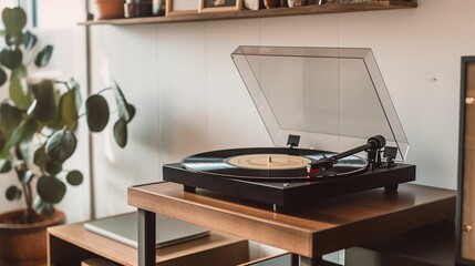 Poster - AI generated illustration of a record player on a wooden table in a cozy room with plants