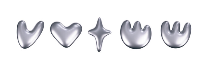 Wall Mural - chrome liquid 3d shapes in y2k style isolated on a white background. render of 3d metal silver star,