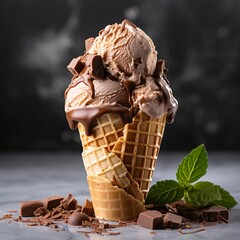 Wall Mural - AI-generated illustration of A delicious waffle cone filled with creamy chocolate ice cream