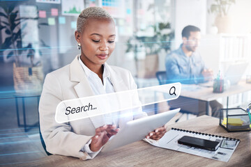 Wall Mural - Woman, business and tablet search engine for information hologram, SEO graphic and iot research. Creative, worker and African employee on digital web technology, internet and office browsing overlay