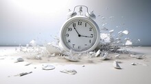Alarm Clock With White Fragments Scattered Around It. Deadline Concept. AI-generated.