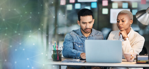 Poster - Teamwork, laptop and overlay with business people and research in office for creative, networking and review. Banner, mockup and startup with man and black woman in digital agency for website