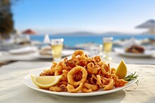AI Generated Illustration Of Crispy Calamari Served On A Plate With A Lemon Wedge Garnish