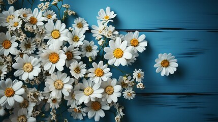 Wall Mural - Blue wooden surface with a cluster of white flowers. AI-generated.