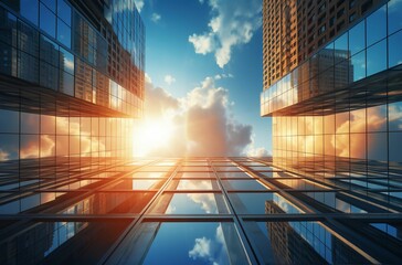 Poster - AI generated illustration of a low-angle of a city skyline with skyscrapers against a blue sky