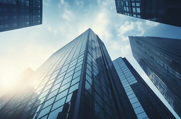 AI generated illustration of a low-angle of a city skyline with skyscrapers against a blue sky