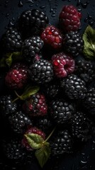 Poster - AI generated illustration of juicy blackberries in a dark setting, perfect for backgrounds