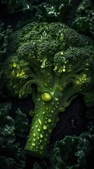 Poster - AI generated illustration of vibrant green broccolis in a dark setting, perfect for backgrounds