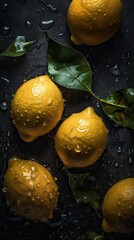 Poster - AI generated illustration of vibrant lemons in a dark setting, perfect for backgrounds