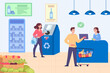 Customer recycling plastic bottles in shop vector illustration. Cartoon drawing of man getting deposit for recycling plastic containers for in store. Recycling, shopping, ecology concept