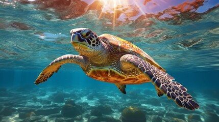 Wall Mural - AI generated illustration of a turtle swimming in turquoise sea