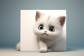 Poster - AI generated illustration of a white kitten with bright eyes peeking out from a white card